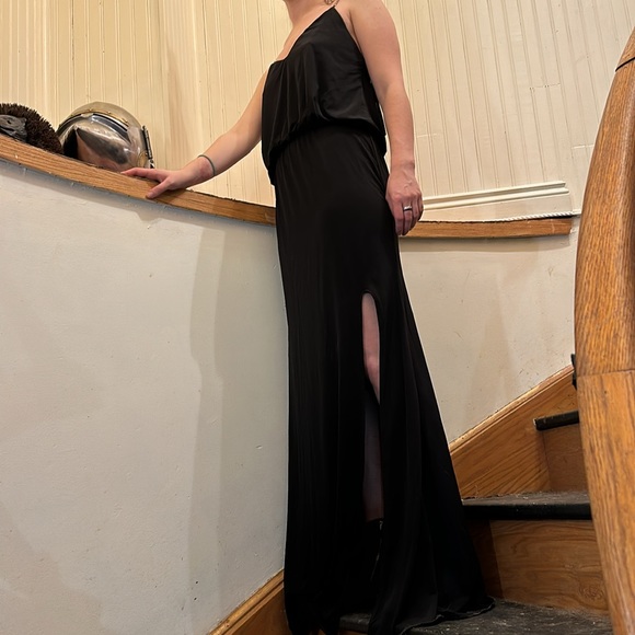 Black full length dress sz M gold chain strap with crystal accents, side slit. - Picture 2 of 7